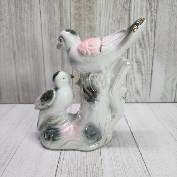 Vintage Iridescent Luster Birds on Branch Figurine Porcelain 5'' Tall - Picture 3 of 6